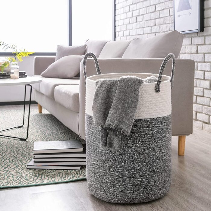 Кошик для білизни Youdenova плетені, 58л, ручка, ручна робота, бавовна, білий/коричневий, сірий (темний)