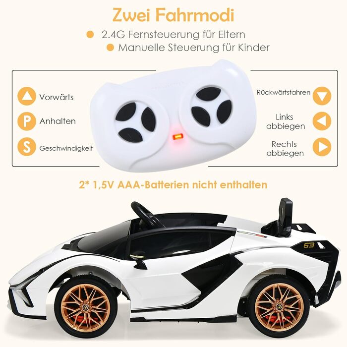 Дитячий електромобіль Lamborghini 12V COSTWAY з пультом, MP3, радіо, музикою та LED-фарами, для дітей 3-8 років, білий