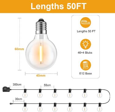 Зовнішні струнні світильники 18M/60FT, G40 LED, IP45, 2700K теплий білий для саду, балкона, весілля, вечірки