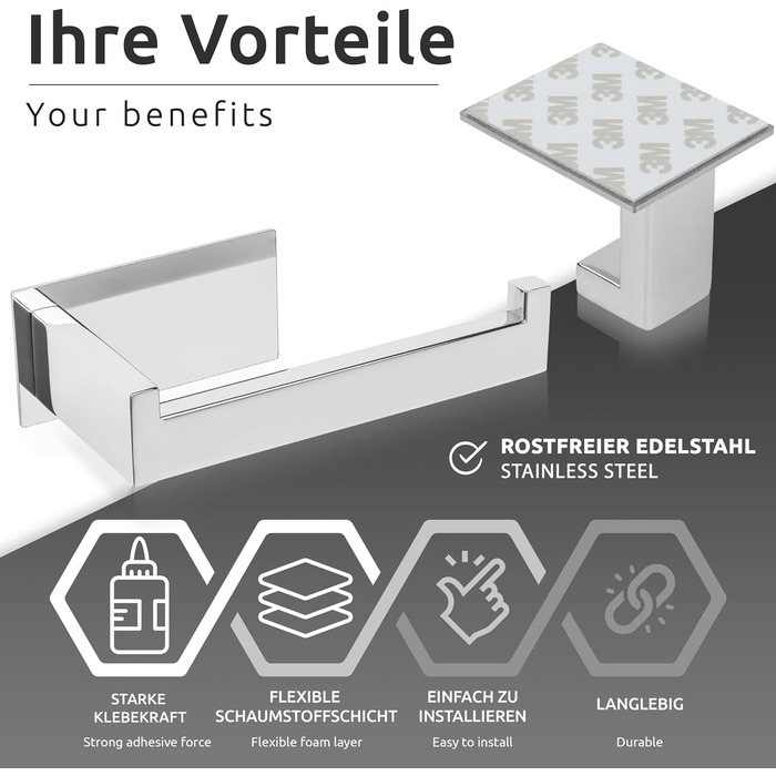 Тримач для туалетного паперу 2 шт. гачок для рушників без свердління, набір для ванної кімнати Самоклеючі аксесуари для ванної кімнати - нержавіюча сталь 304, вішалка для рушників тримач туалетного паперу (хром)
