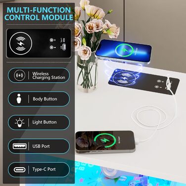 Тумбочка LVSOMT LED, USB & Type-C, 2 шухляди, дерево, біла, для спальні/вітальні