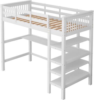 Дитяче ліжечко Merax, ліжко-горище 90х200см з відсіками для зберігання та вбудованим письмовим столом, ліжко-горище дитяче, виготовлене з високоякісного масиву сосни та МДФ, включаючи рейковий каркас, білий