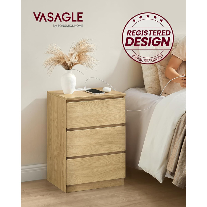 Приліжкова тумбочка VASAGLE Kailyn з розетками та USB-портами, 3 шухляди, сучасний дизайн, сіро-коричневий колір, LET831G01