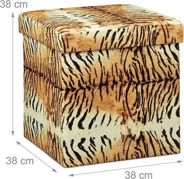 Складаний пуф Relaxdays 38 см, стійкий, модні мотиви, штучна шкіра, місце для зберігання, кришка, тигровий жовтий