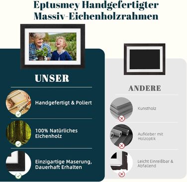 Цифровий фоторамка Eptusmey 10.1 дюйма з Wi-Fi, корпус з дуба, 32GB, IPS Touchscreen, підтримка Uhale APP, для подарунків, білий дуб