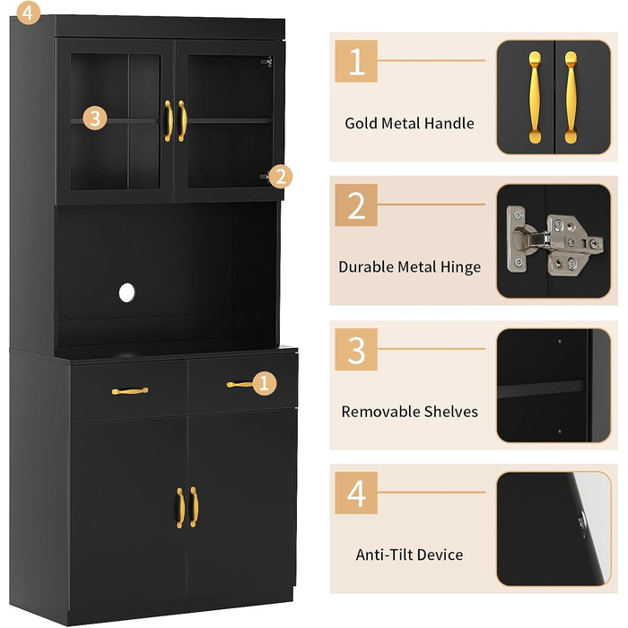 Кухонна шафа VOWNER з робочою поверхнею, буфет на кухню з 4 шафами, вітрина, буфет з регульованими полицями, 80 x 40 x 180 см, для кухні, вітальні, офісу, їдальні (білий) (чорний)