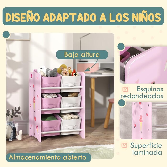 Дитяча полиця для іграшок AIYAPLAY з 6 коробками з фетру, 43x30x60 см (Рожева)