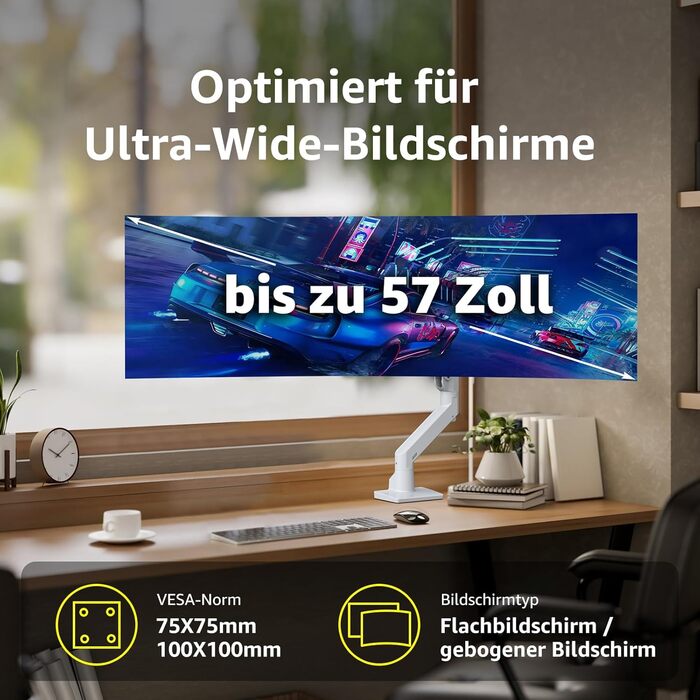 Кріплення для монітора Bewiser: 34-57 дюймів, ультраширокі та вигнуті, VESA 75x75/100x100, регулювання висоти, нахил, поворот, 5-20 кг (білий)