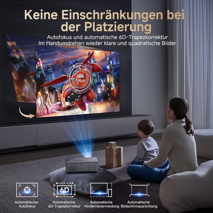 4K Smart проєктор KOGATA з авто-фокусом, WiFi 6, Bluetooth та підтримкою Netflix | Домашній кінотеатр для саду та стрімінгу | Сірий