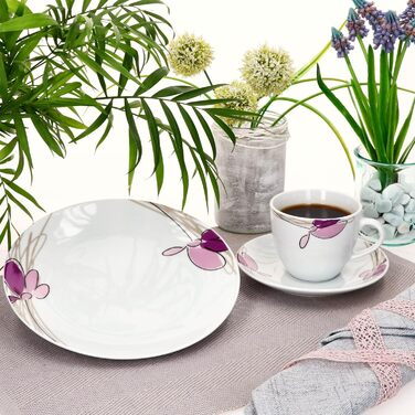 MamboCat Комплект посуду для кави та сніданку на 6 осіб, 18 предметів, біле порцелянове посуд з квітковим декором, 6 чашок 170мл, 6 підстаканників та тарілок