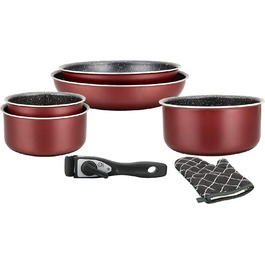 Посуд Herzberg HG8053 BLK, набір, що складається з 3 індукційних каструль і 2 сковорідок різних розмірів і 1 рукавиці, мармурове антипригарне покриття, знімні ручки, червоний маленький червоний