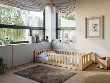 Ліжко дитяче Kinderbett Bodenbett 90x200 см з бортиком та ламелями Montessori, ліжко-гойдалка для дітей та підлітків, 4-18 років, колір натуральний