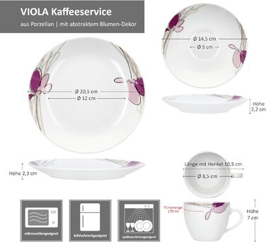 MamboCat Комплект посуду для кави та сніданку на 6 осіб, 18 предметів, біле порцелянове посуд з квітковим декором, 6 чашок 170мл, 6 підстаканників та тарілок