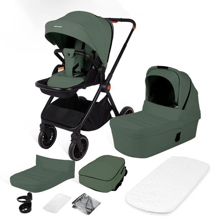 Дитяча коляска 2-в-1 BabyVoyage – комбінована коляска з люлькою та прогулянковим блоком, поворотні колеса 360°, амортизація, регульована ручка, складна конструкція, аксесуари, колір зелений