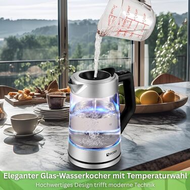 Електричний чайник-заварник зі скла та нержавіючої сталі, 1.7 л, 2200 Вт, з регулюванням температури, з підсвічуванням, BPA Free