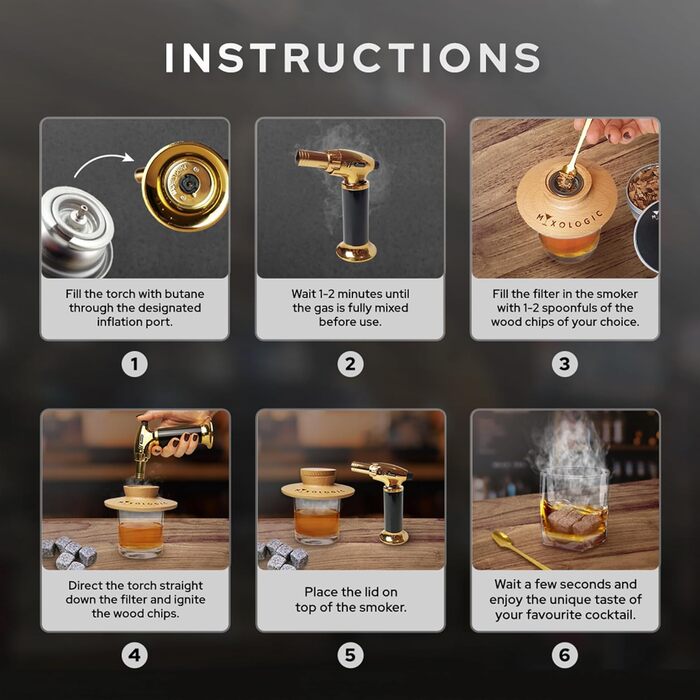 Комплект для копчення коктейлів MIXOLOGIC: набір для віскі, 6 дерев'яних чіпсів, камені для віскі та аксесуари для Old Fashioned