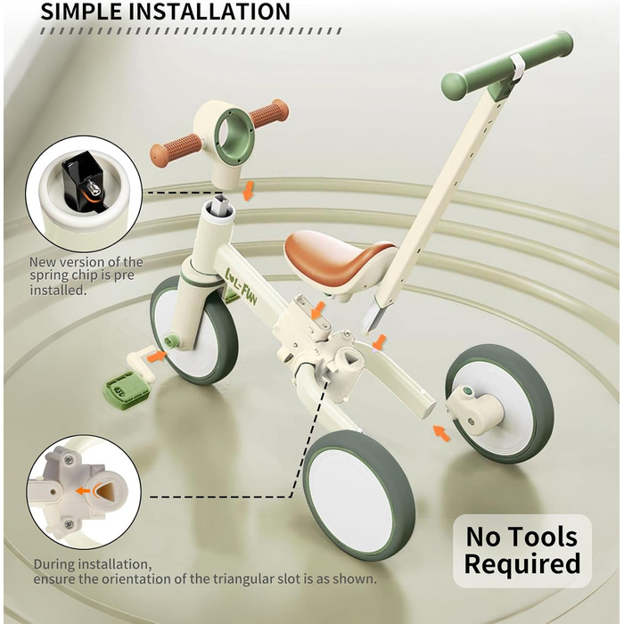 Дитячий біговел-триколіс LOL-FUN 5-в-1 з ручкою для штовхання, зелений оливковий, для хлопчиків та дівчаток від 1 року