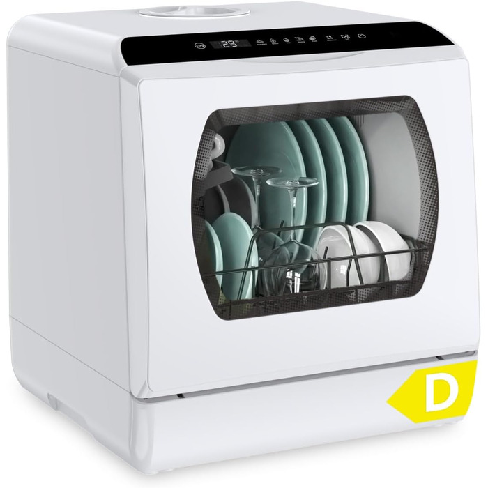 Компактна посудомийна машина Hermitlux Mini на 5 комплектів посуду (5л бак), портативна посудомийна машина з 6 програмами та 360° розпилювачами | З функцією сушіння гарячим повітрям | Клас енергоефективності D | Без встановлення, скляні дверцята