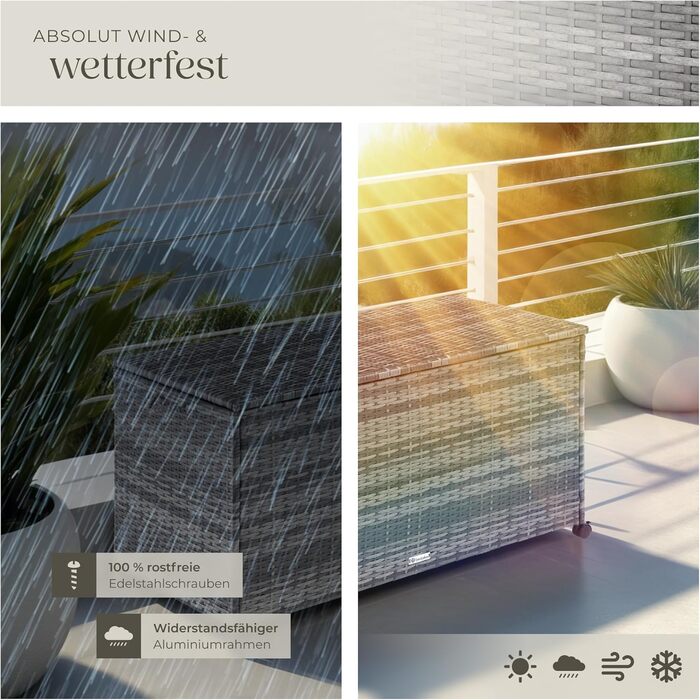 Скриня для саду Tectake з ротангу (поліротанг) чорна, 297л, 117x54x64 см - водонепроникна, з кришкою, на колесах, для тераси, балкону