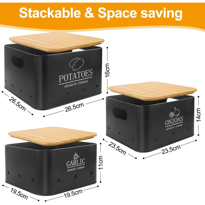 Набір контейнерів для зберігання картоплі, цибулі та часнику (3 шт.) з бамбуковим кришками - зберігає овочі свіжими. Чорний колір