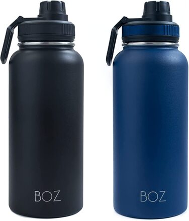 Пляшка для пиття з нержавіючої сталі BOZ XL (1 л / 32 Унції) з широкою шийкою, без бісфенолу А, з вакуумною ізоляцією з подвійними стінками (2 упаковки синій і чорний)