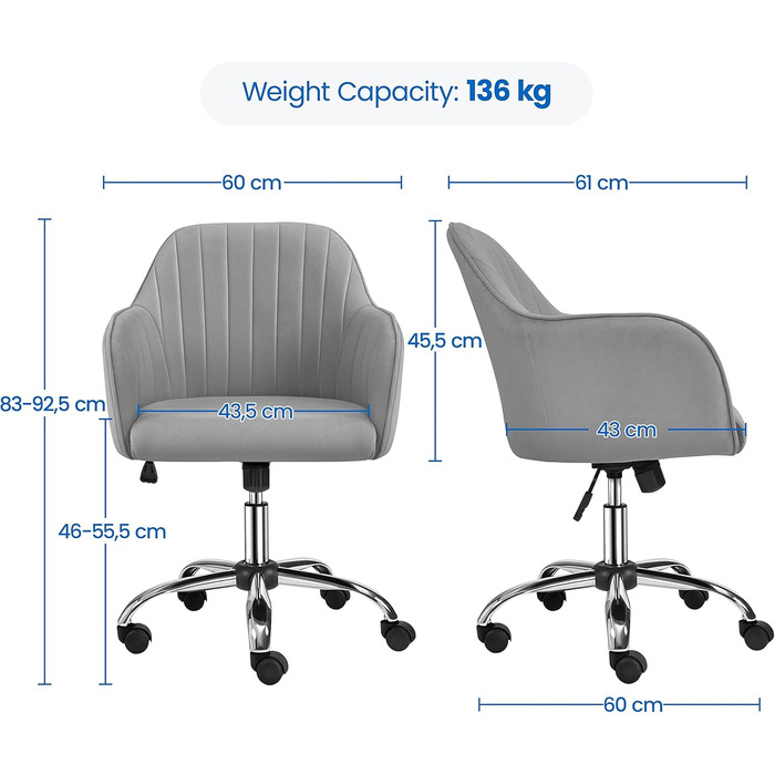 Крісло Yaheetech для дому та офісу: обертове, регульоване по висоті, з м'якою оксамитовою оббивкою, до 136 кг, сірий колір