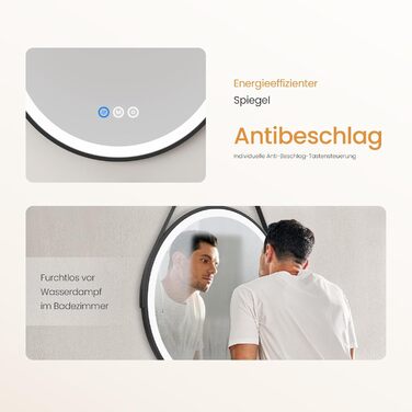 Круглий дзеркало для ванної кімнати EMKE з підсвічуванням 50 см, 3 кольори, регулювання яскравості, антизапар, пам'ять, сенсорне управління, таймер 3 години, енергозберігаючий