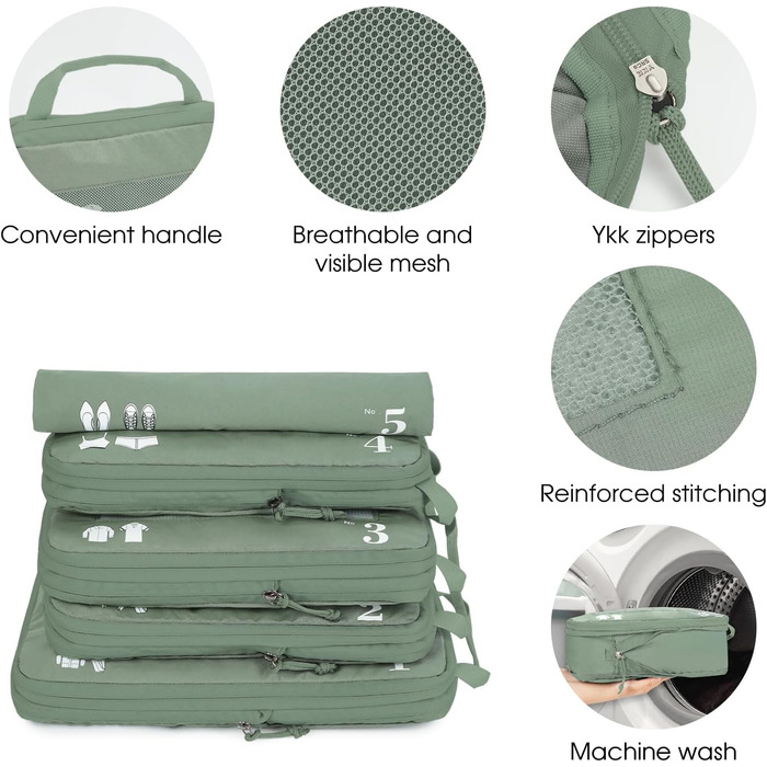 Набір компресійних органайзерів для валізи та рюкзака ECOHUB, 5 предметів, зелений