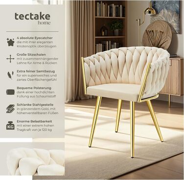 Тектейк® Оксамитовий стілець-чаша з підлокітниками, сучасний крісло-стілець для вітальні, їдальні, кухні, туалетного столика, комплект з 4 шт. Sand/Gold
