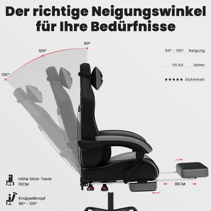 Ігровий крісло SUKIDA з підніжкою, ергономічний, для геймінгу та офісу, сірий