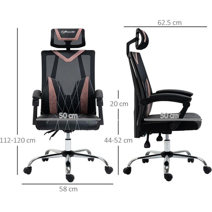 Крісло офісне Vinsetto Ergonomic з сітчастою спинкою, роліками, підтримкою попереку та шиї, регулюванням висоти та нахилу, 58x62.5x112-120см, Рожеве