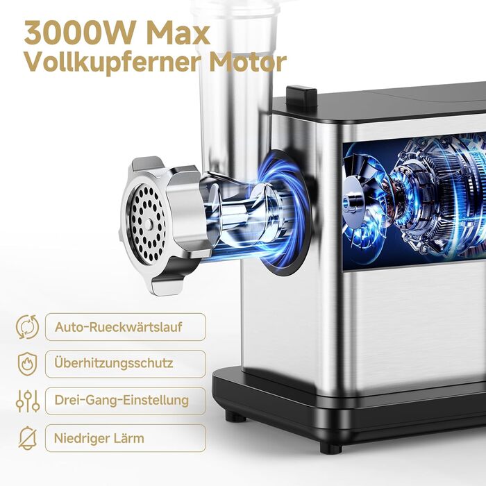 Електрична м'ясоподрібнювач AAOBOSI 3000W з LED-дисплеєм, 9 швидкостей, з нержавіючої сталі, для дому, з насадкою для ковбас та кіббе