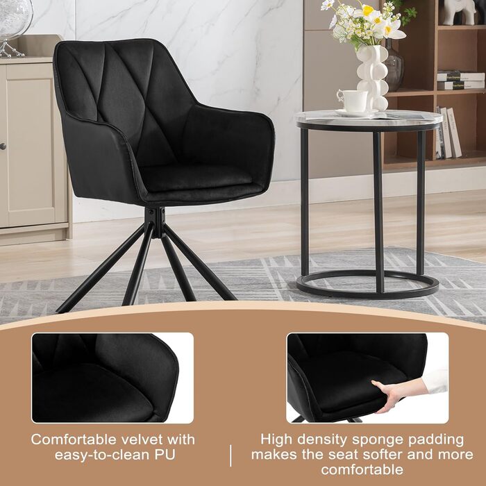 Обідні стільці Lestarain, поворотні, для кухні, спальні, вітальні, комплект з 4 шт. М'які, з підлокітниками та спинкою, на металевих ніжках, оксамит, чорний колір