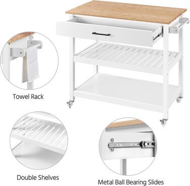 Сервісний візок Yaheetech з шухлядою, кухонний візок з 2 полицями, мобільний візок, кухонна вітрина, мобільний острівець, білий, 51 x 101,5 x 92 см
