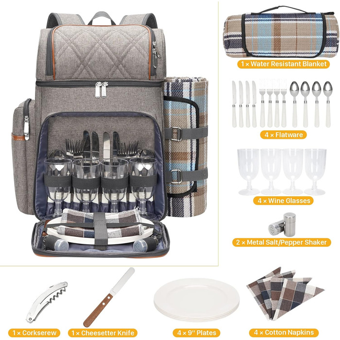 Набір для пікніка на 4 особи: рюкзак, корзина, сумка-холодильник, ковдра, для кемпінгу та відпочинку