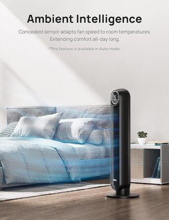 Dreo Smart Tower Fan - Безшумний вентилятор з керуванням через додаток та голосовим управлінням, 90° обертання, 4 режими, 4 швидкості, таймер 8 годин, Nomad One S, чорний