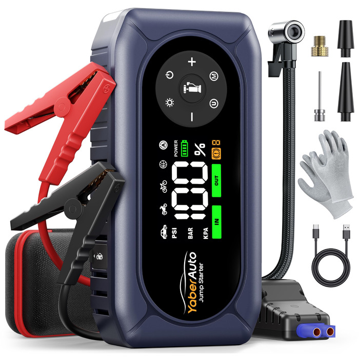 Powerbank для автомобіля YaberAuto AP02 з компресором, 150PSI, 4500A, LED ліхтар 500 люмен, LCD дисплей 3.3