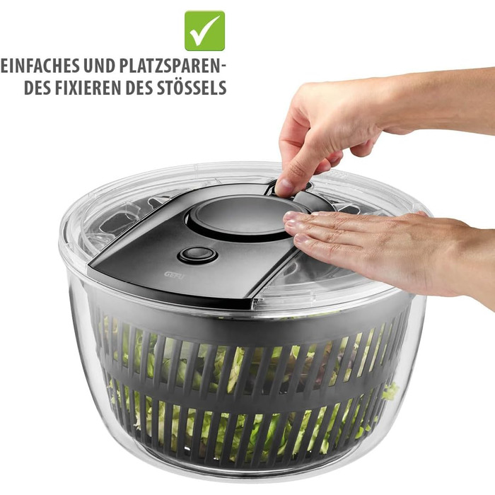 Салатниця-швидкообертач GEFU з кришкою для зберігання | 3л пластикова чаша з вбудованим ситом та ручним приводом | Чорний/Сірий колір