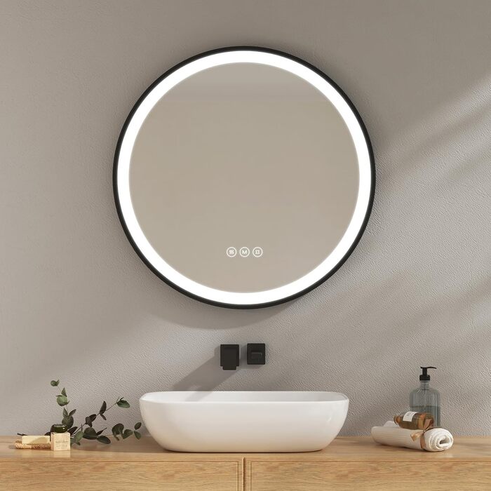 Круглий дзеркало для ванної кімнати EMKE з підсвічуванням 50 см, 3 кольори світла, протизапотівання, пам'ять, сенсорне управління, таймер 3 години, енергозбереження, 70x70 см