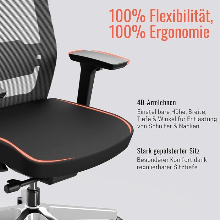 Яса Чейр Плюс: Ергономічне офісне крісло з підголівником, 2D-підтримкою попереку та 4D-підлокітниками | Переможець тесту! До 150 кг, чорний