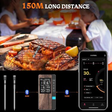 Бездротовий термометр для м'яса Pakinui з двома зондами, Bluetooth, IP67, для гриля, духовки, коптильні