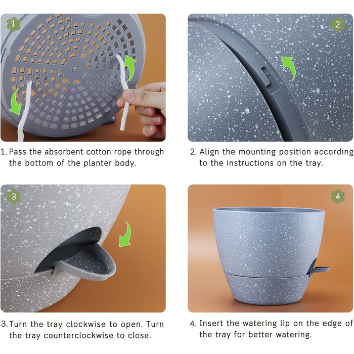 Автополив'яні горщики для дому, 25/23/20 см, набір 3 шт, великі пластикові горщики з резервуаром та дренажними отворами, сірий з сірими крапками