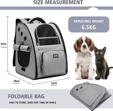 Рюкзак для собак PETCUTE для собак і кішок, схвалений авіакомпанією рюкзак для домашніх тварин, дихаюча сумка для перенесення домашніх тварин з вікнами, складаний рюкзак для кішок, рюкзак для собак з повідцем (світло-сірий)