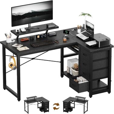 Кутовий стіл Devoko з 4 ящиками з тканини, 2 розетками та 2 USB-портами, для дому та офісу, ігор, білий, 140x80 см