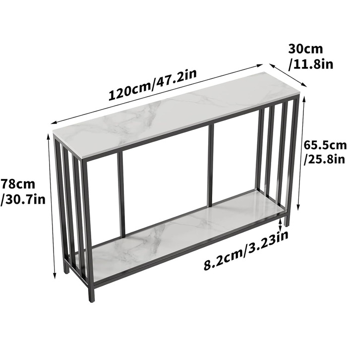 Консольний стіл FATIVO білий мармур, 120 см, 2 полиці, чорна металева основа, 1203078см