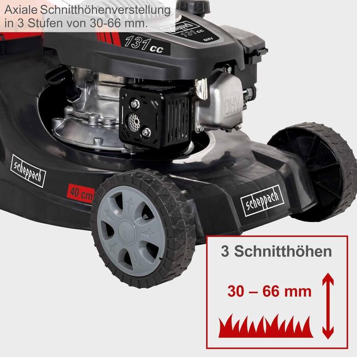 Бензиновий газонокосарка Scheppach MP132-40 - 3.3 PS, ширина 40 см, 3 положення висоти стрижки, кошик 35 л, легкий та компактний, великі колеса, Solo