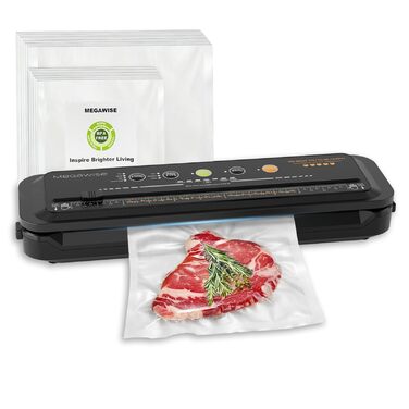 Вакууматор Megawise для продуктів з потужністю 80 кПа, автоматичний вакуумний пакувальник з режимами для сухих та вологих продуктів, чорний, комплект з 10 пакетами та різаком