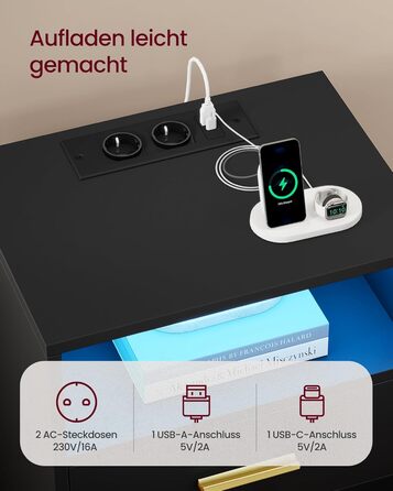 VASAGLE Custos: Набір з 2 тумбочок з LED-підсвічуванням та зарядкою, чорний, з шухлядами, 2 розетки AC та USB