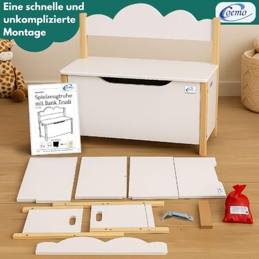 Дерев'яна іграшкова скриня Coemo з банківкою, білий колір, Trudi, 60x26x55 см – банківка для дитячої кімнати з місцем для зберігання, іграшкова скриня з безпечним шарніром, дитяча висота сидіння, декоративний дизайн хмаринок