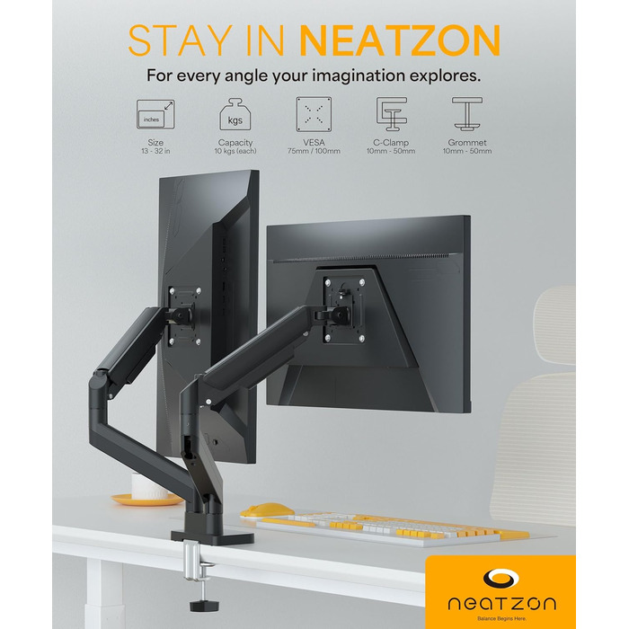 Кріплення для двох моніторів Neatzon – 13–32 дюйми, до 10 кг на кріплення, регулювання висоти, VESA 75x75 / 100x100, управління кабелями, NZ-ARM-04